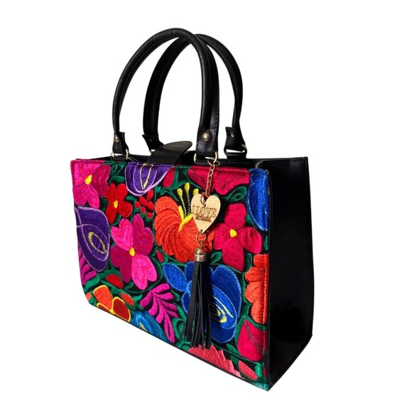 Floral Vibrant Tapestry embroidery artisanal handbag satchel vegan leather w mak - Picture 6 of 9